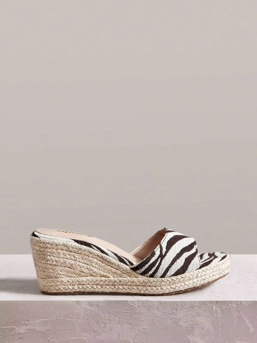 Styleloop Women's Brown & White Animal Print Straw Woven Wedge Platform Sandals, Height-Increasing Bohemian Vacation Style